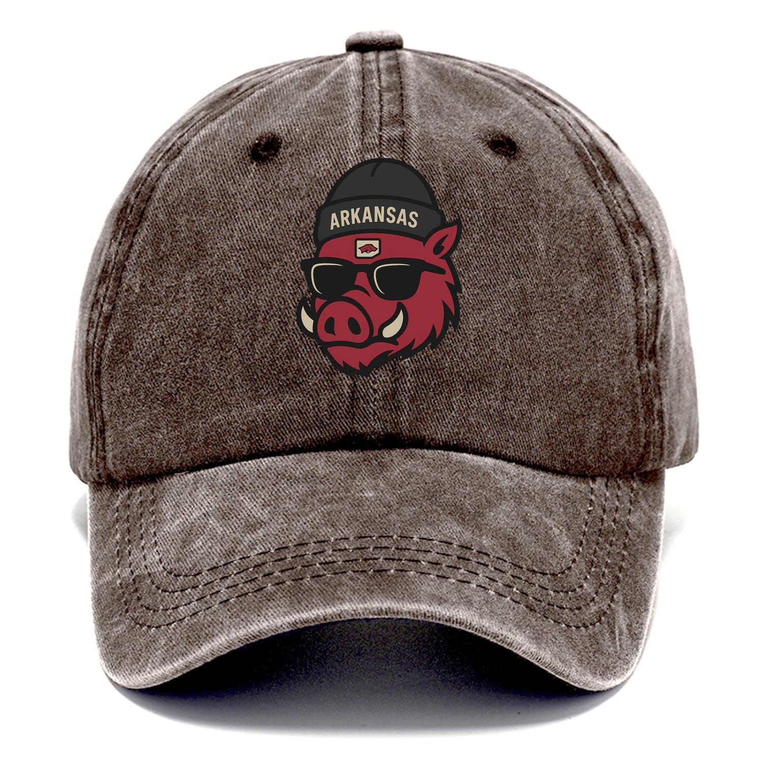 Fayetteville Razorback wearing Arkansas beanie with hog patch - Classic Cap - Brown