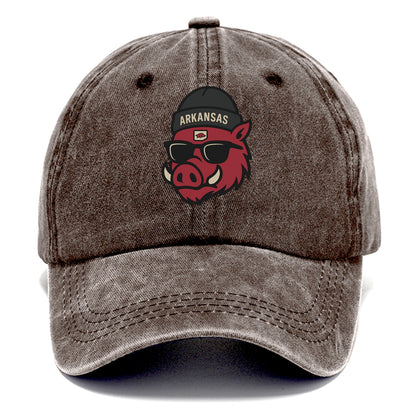 Fayetteville Razorback wearing Arkansas beanie with hog patch - Classic Cap - Brown