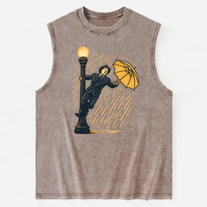 joyful dancing on lamppost in heavy rain with big smile - Vintage Washed Tank - Brown