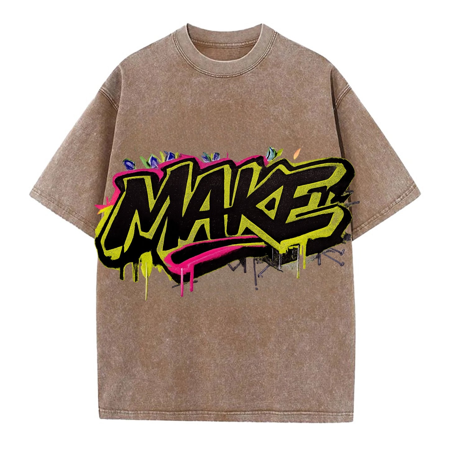 Bold typography design - "MAKE" - creating, producing, doing - Vintage T-shirt - Brown