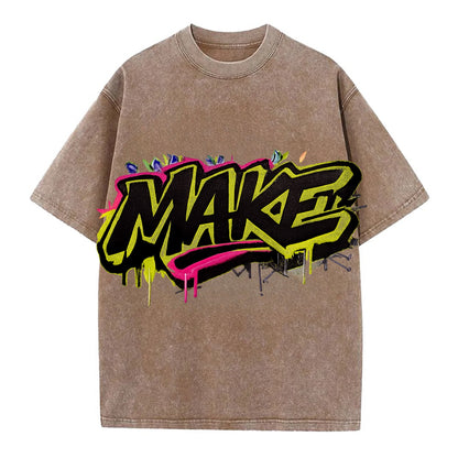 Bold typography design - "MAKE" - creating, producing, doing - Vintage T-shirt - Brown