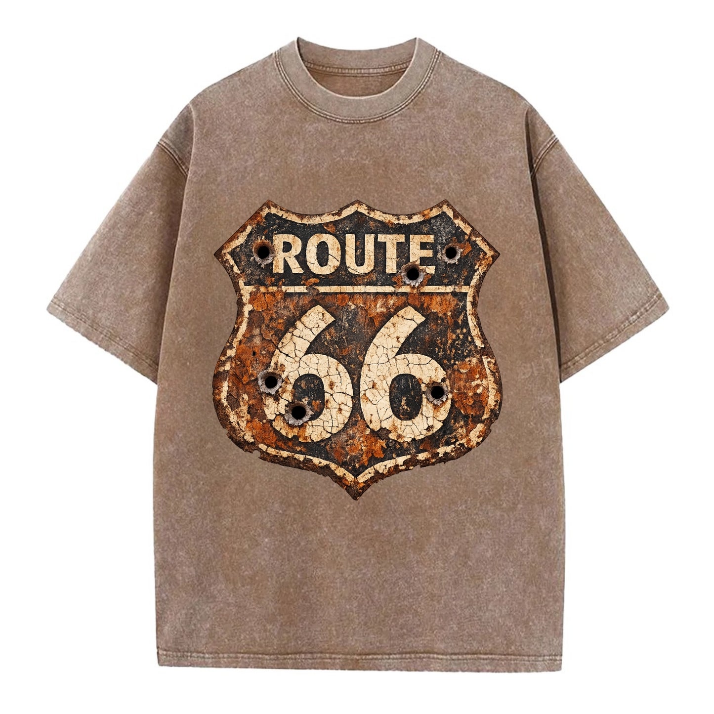 WEATHERED MARKER | Rust-aged Route 66 sign | Desert sun-bleached | Bullet holes - Vintage T-shirt - Brown