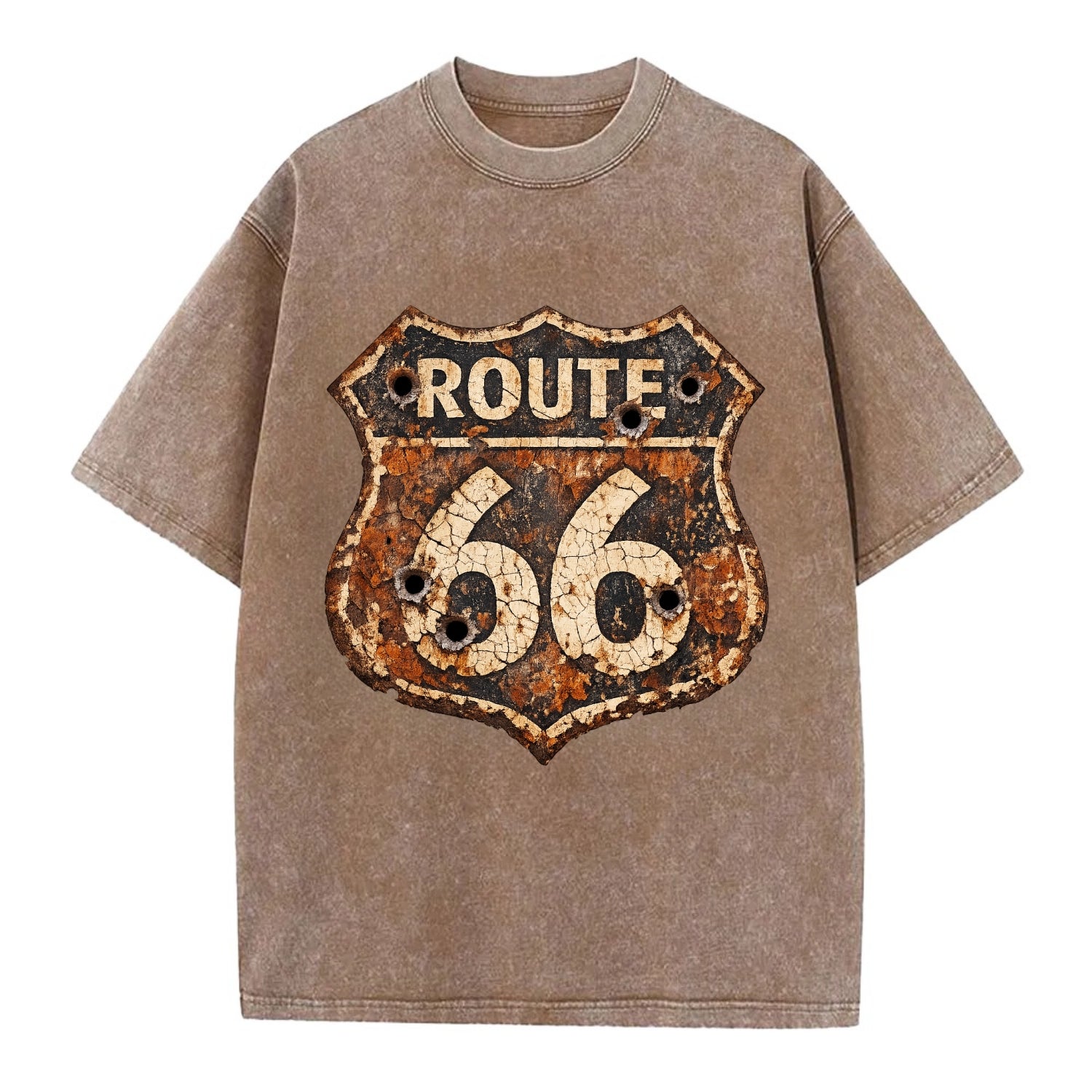 WEATHERED MARKER | Rust-aged Route 66 sign | Desert sun-bleached | Bullet holes - Vintage T-shirt - Brown