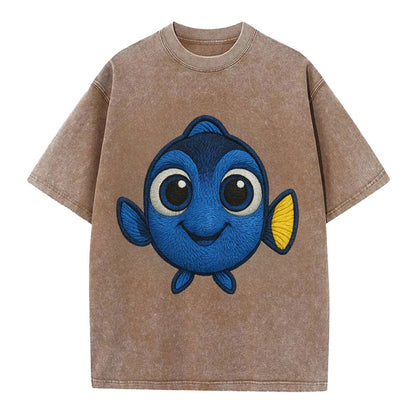 Baby Blue Tang - bright blue with yellow tail, big eyes, front-facing, Dory-style - Vintage T-shirt - Brown