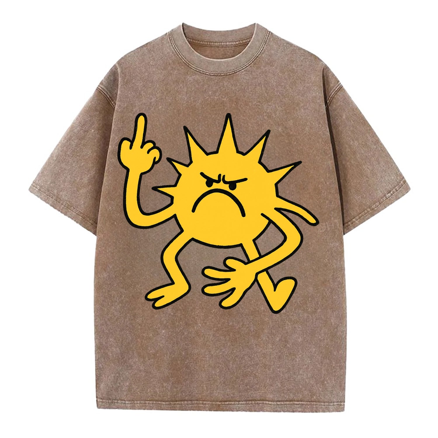MORNINGS ARE PUNISHMENT | Grumpy sun with middle finger - Vintage T-shirt - Brown