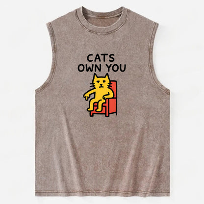 CATS OWN YOU | Cat on throne pointing down - Vintage Washed Tank - Brown
