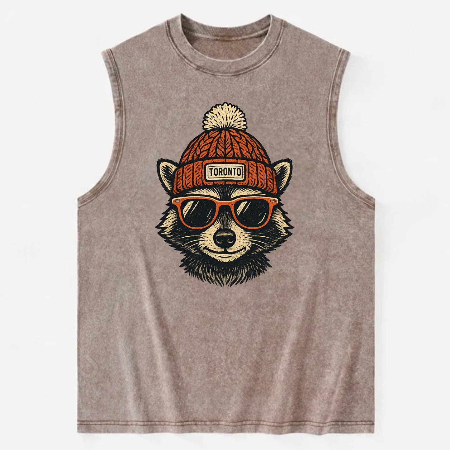 Toronto Raccoon wearing Toronto beanie with pom pom and wayfarer sunglasses - Vintage Washed Tank - Brown