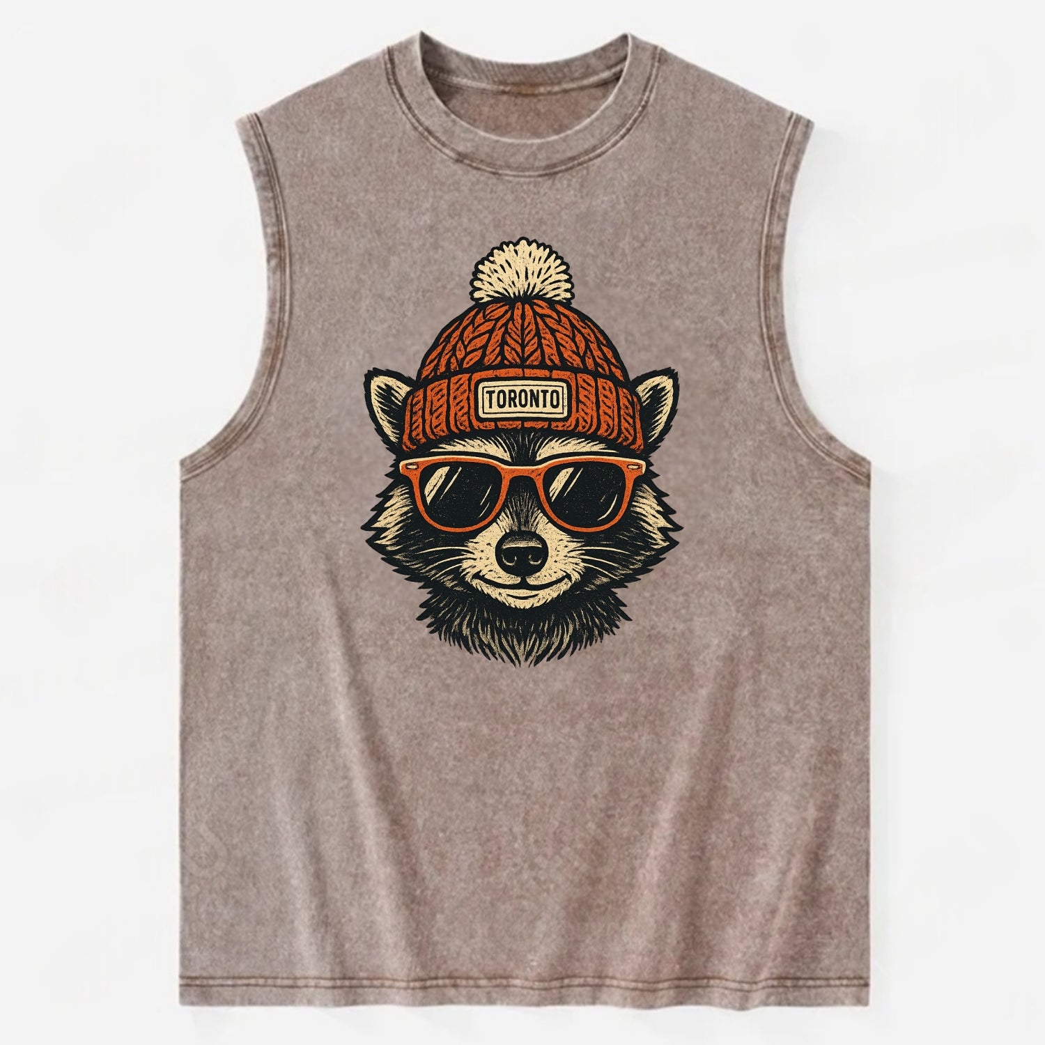 Toronto Raccoon wearing Toronto beanie with pom pom and wayfarer sunglasses - Vintage Washed Tank - Brown