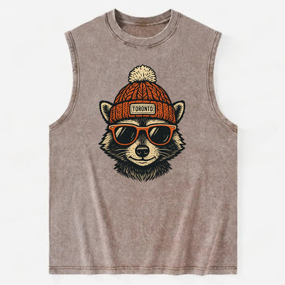 Toronto Raccoon wearing Toronto beanie with pom pom and wayfarer sunglasses - Vintage Washed Tank - Brown