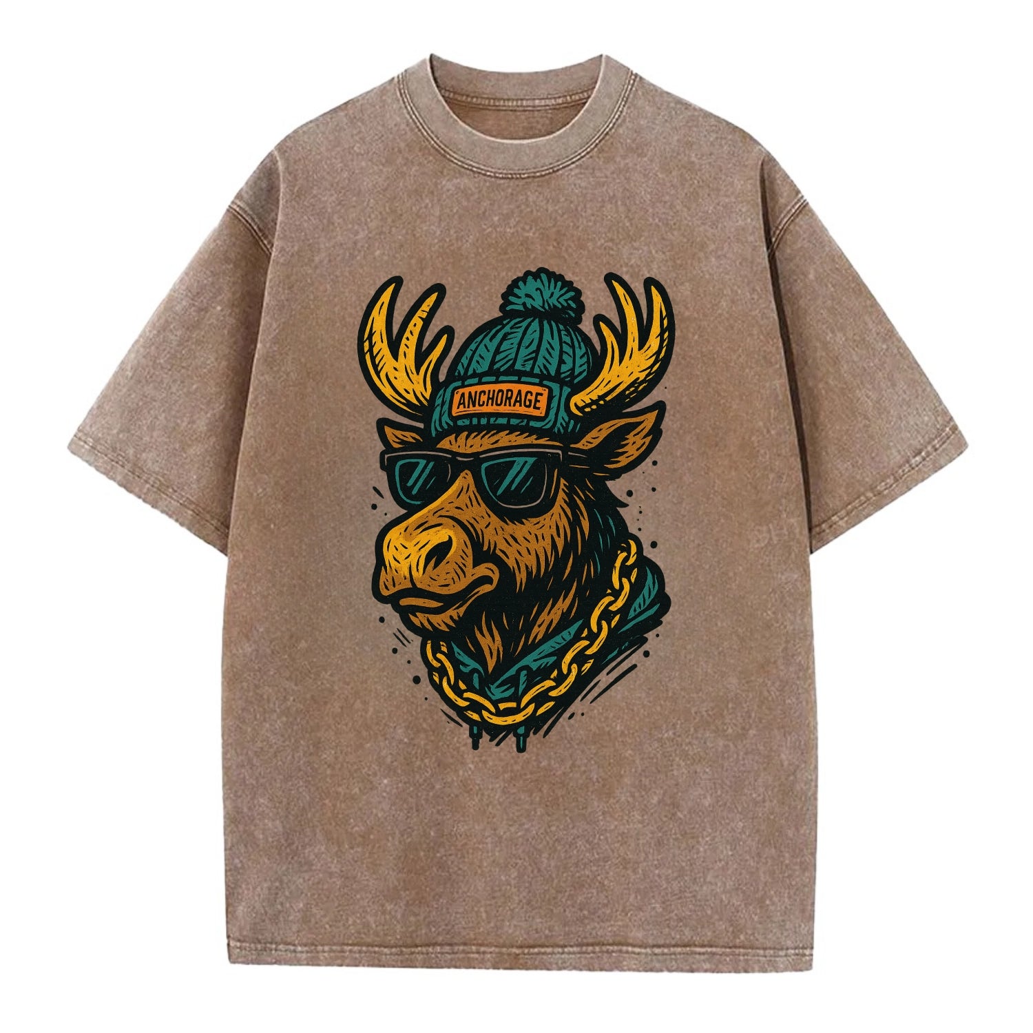 Alaska Moose wearing Anchorage beanie with pom pom and wayfarer sunglasses - Vintage T-shirt - Brown