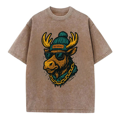 Alaska Moose wearing Anchorage beanie with pom pom and wayfarer sunglasses - Vintage T-shirt - Brown