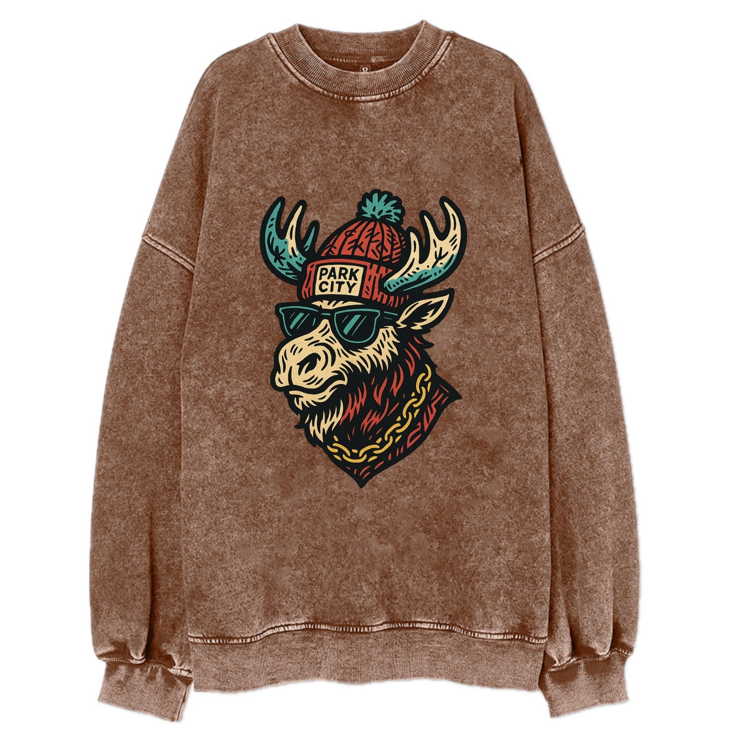 Park City Moose wearing Park City beanie with pom pom and wayfarer sunglasses - Vintage Sweatshirt - Brown