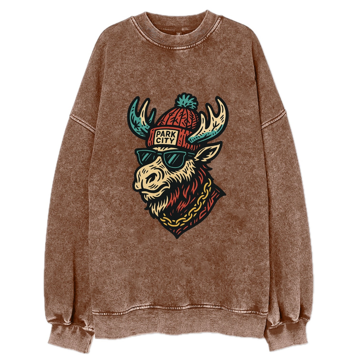 Park City Moose wearing Park City beanie with pom pom and wayfarer sunglasses - Vintage Sweatshirt - Brown