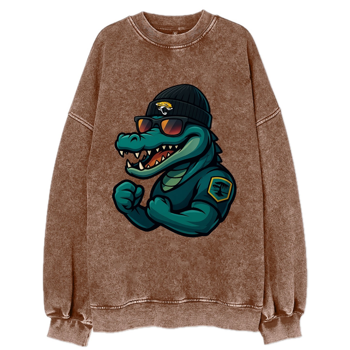 Jacksonville Alligator wearing Jaguars beanie with swamp patch and wayfarer - Vintage Sweatshirt - Brown