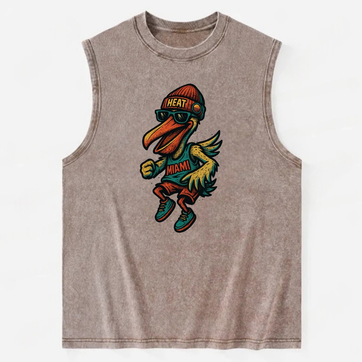 Miami Pelican wearing Heat beanie with sunset patch and wayfarer sunglasses - Vintage Washed Tank - Brown