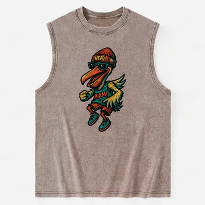 Miami Pelican wearing Heat beanie with sunset patch and wayfarer sunglasses - Vintage Washed Tank - Brown