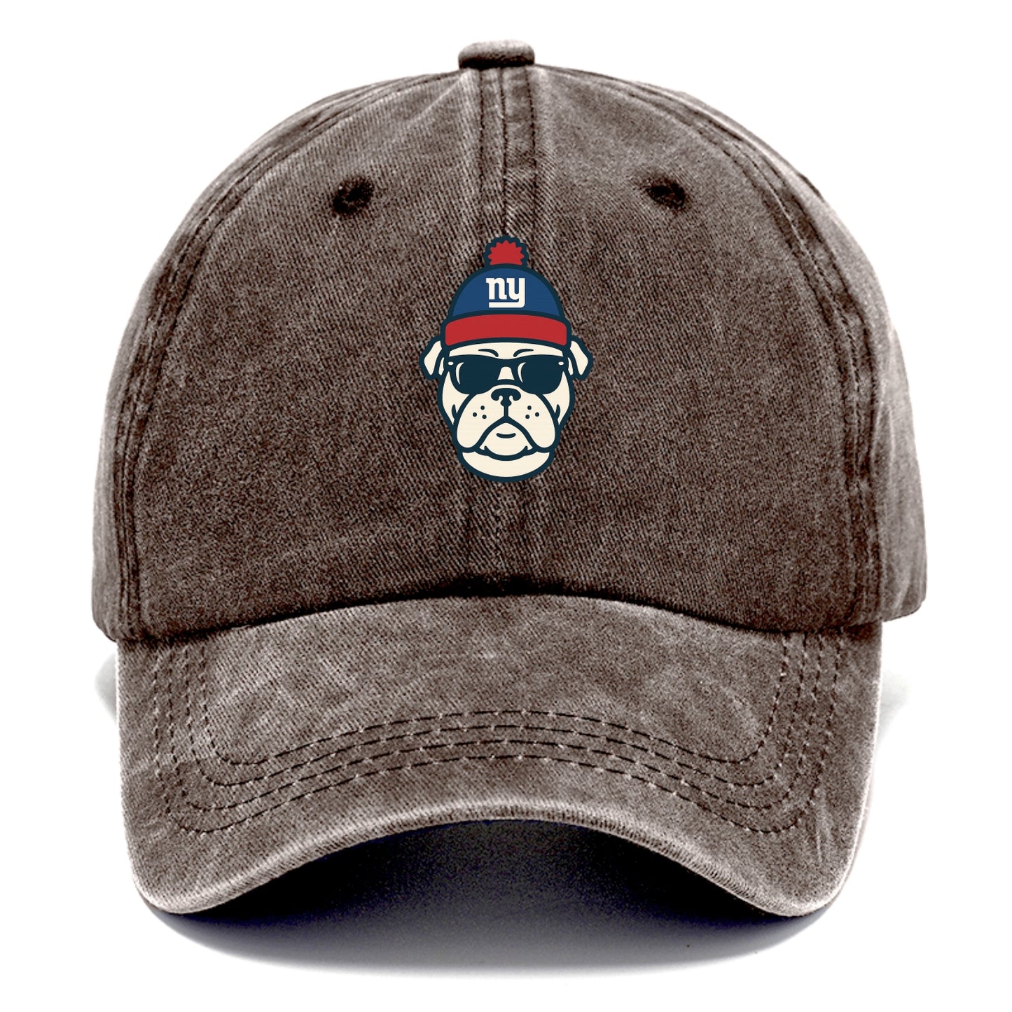 New York Bulldog wearing Giants blue and red beanie with pom pom and wayfarer - Classic Cap - Brown