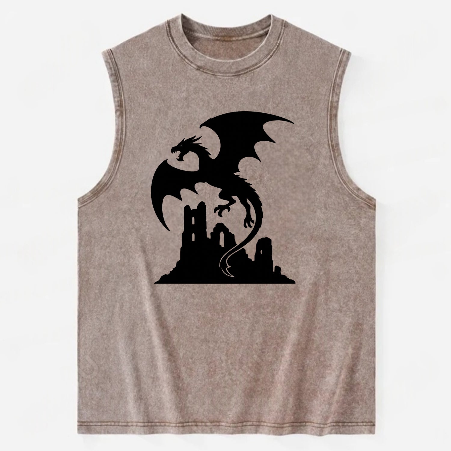 Dragon flying over castle ruins - Vintage Washed Tank - Brown