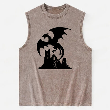 Dragon flying over castle ruins - Vintage Washed Tank - Brown