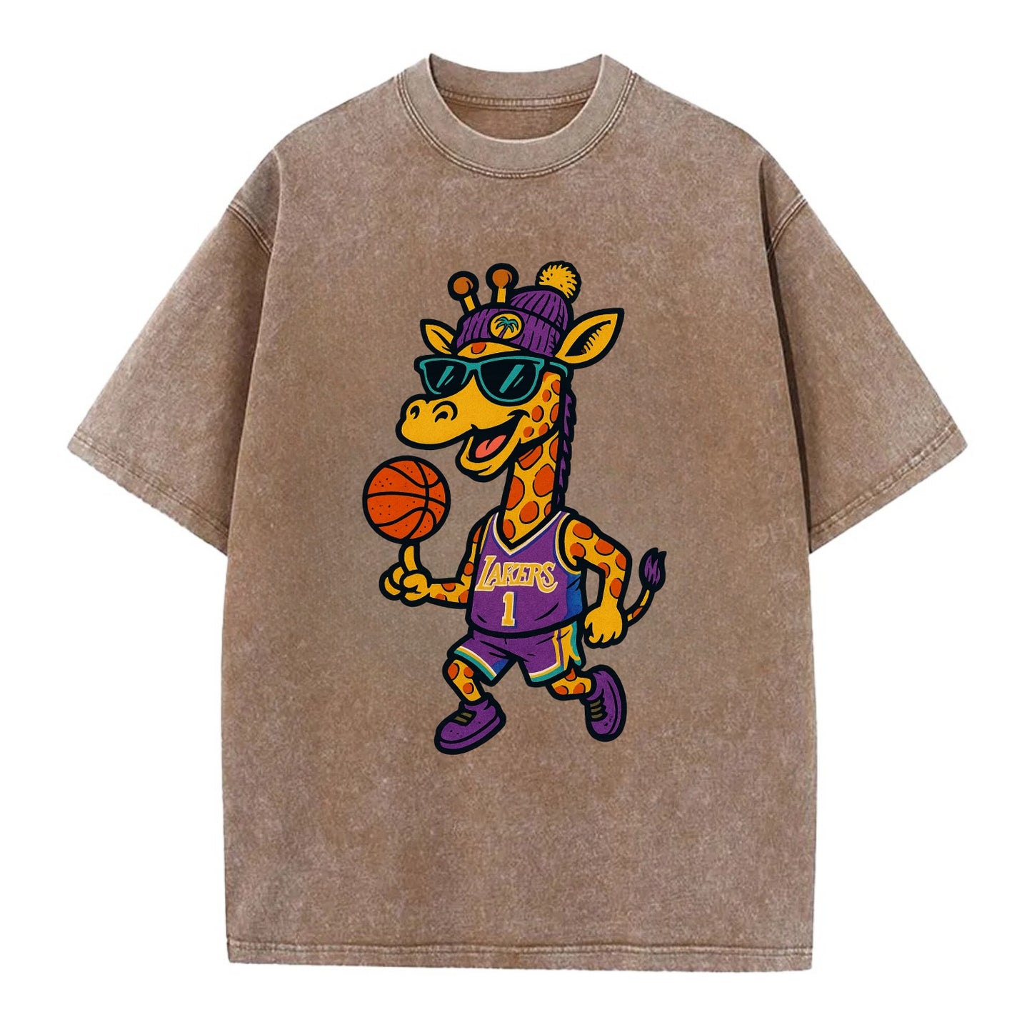 California Giraffe wearing Lakers beanie with palm tree patch and wayfarer - Vintage T-shirt - Brown