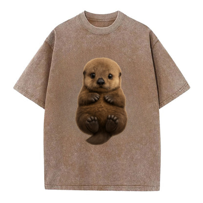 Baby Sea Otter - brown fluffy, floating on back, tiny paws, bright eyes, - Vintage T-shirt - Brown