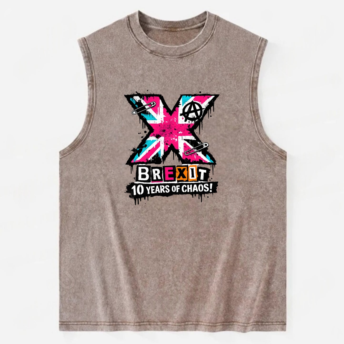 X YEARS | Roman numeral X massive | Union Jack fill pattern | Bold statement - Vintage Washed Tank - Brown