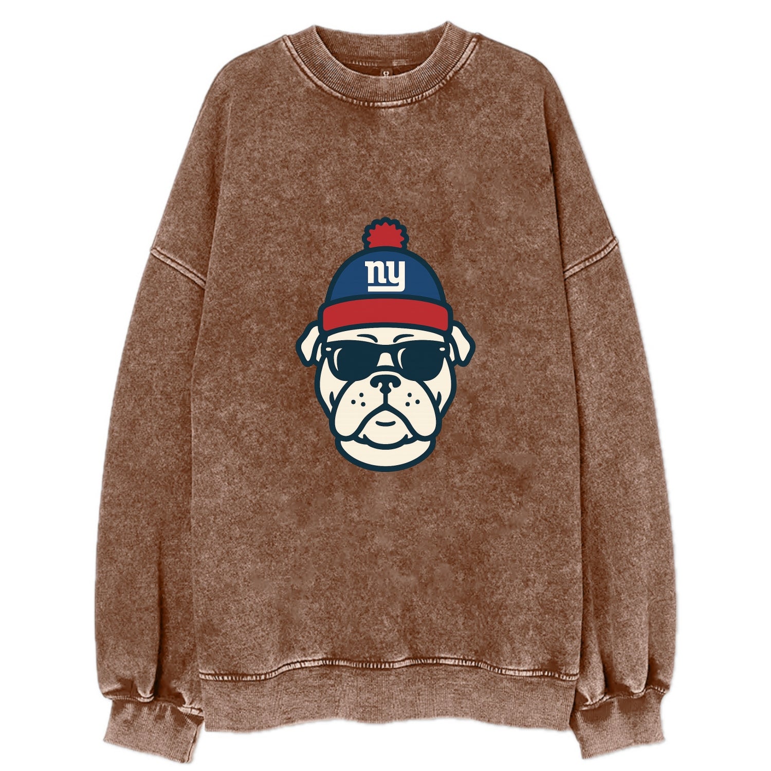 New York Bulldog wearing Giants blue and red beanie with pom pom and wayfarer - Vintage Sweatshirt - Brown