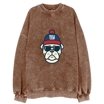 New York Bulldog wearing Giants blue and red beanie with pom pom and wayfarer - Vintage Sweatshirt - Brown