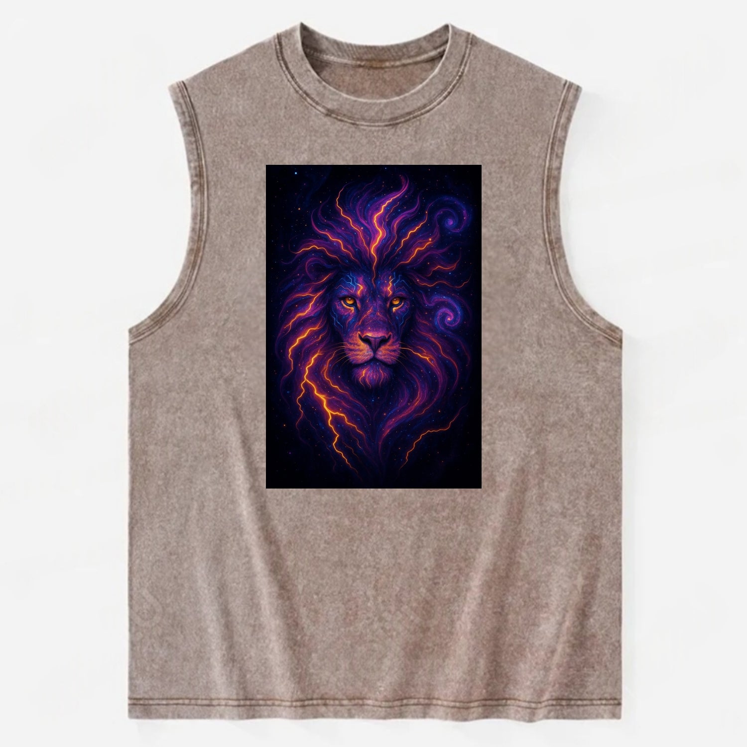 Regal lion with mane made of electric currents, neon yellow and hot pink - Vintage Washed Tank - Brown