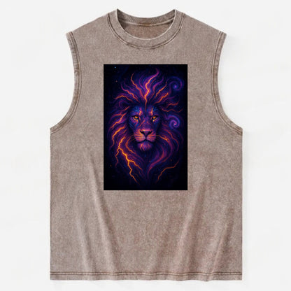 Regal lion with mane made of electric currents, neon yellow and hot pink - Vintage Washed Tank - Brown