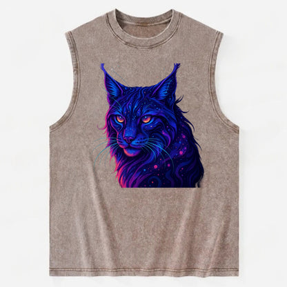 Stealthy lynx with ear tufts forming constellation patterns, nebula spots - Vintage Washed Tank - Brown