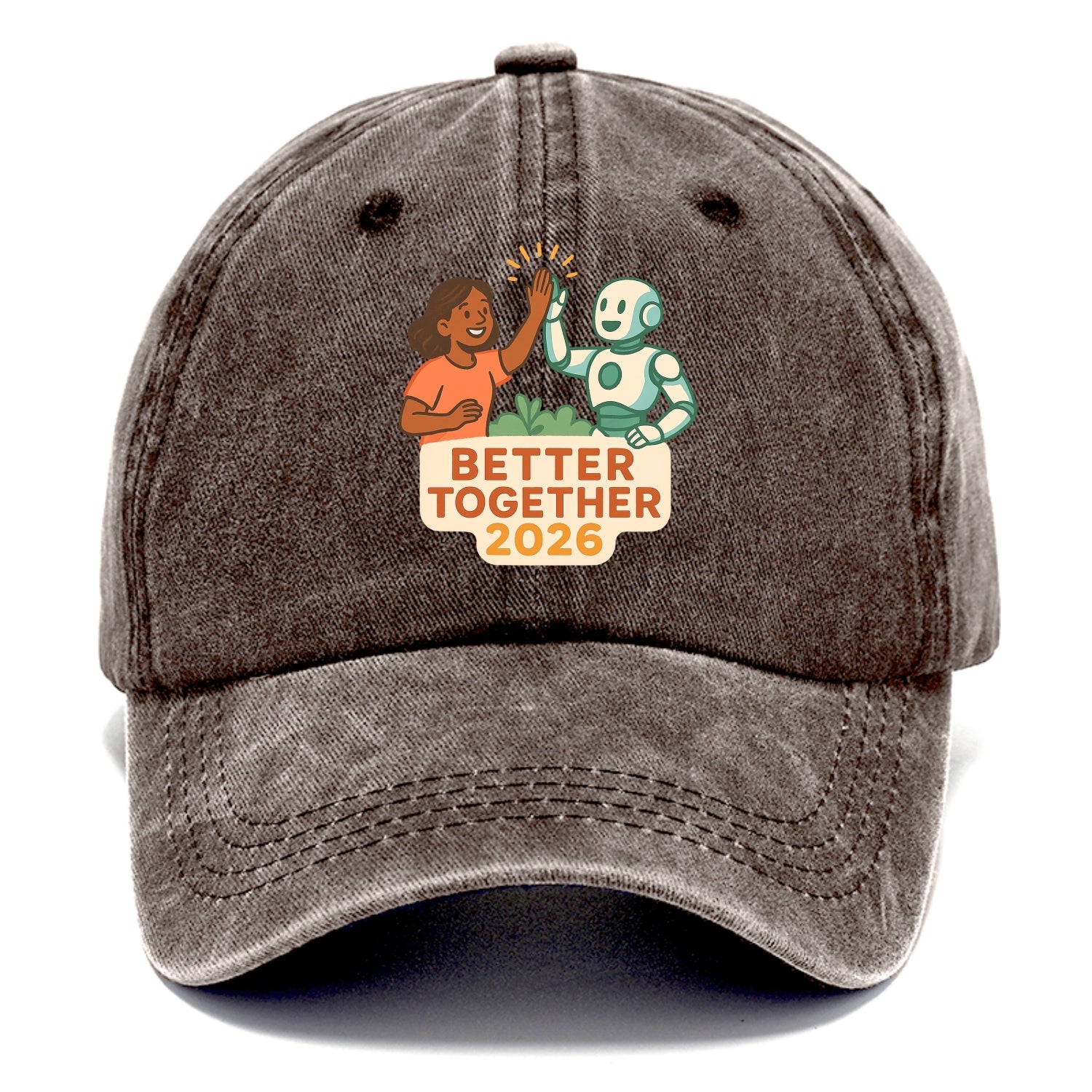 Human and AI robot high-fiving as collaborative partners - "Better Together 2026" - - Classic Cap - Brown