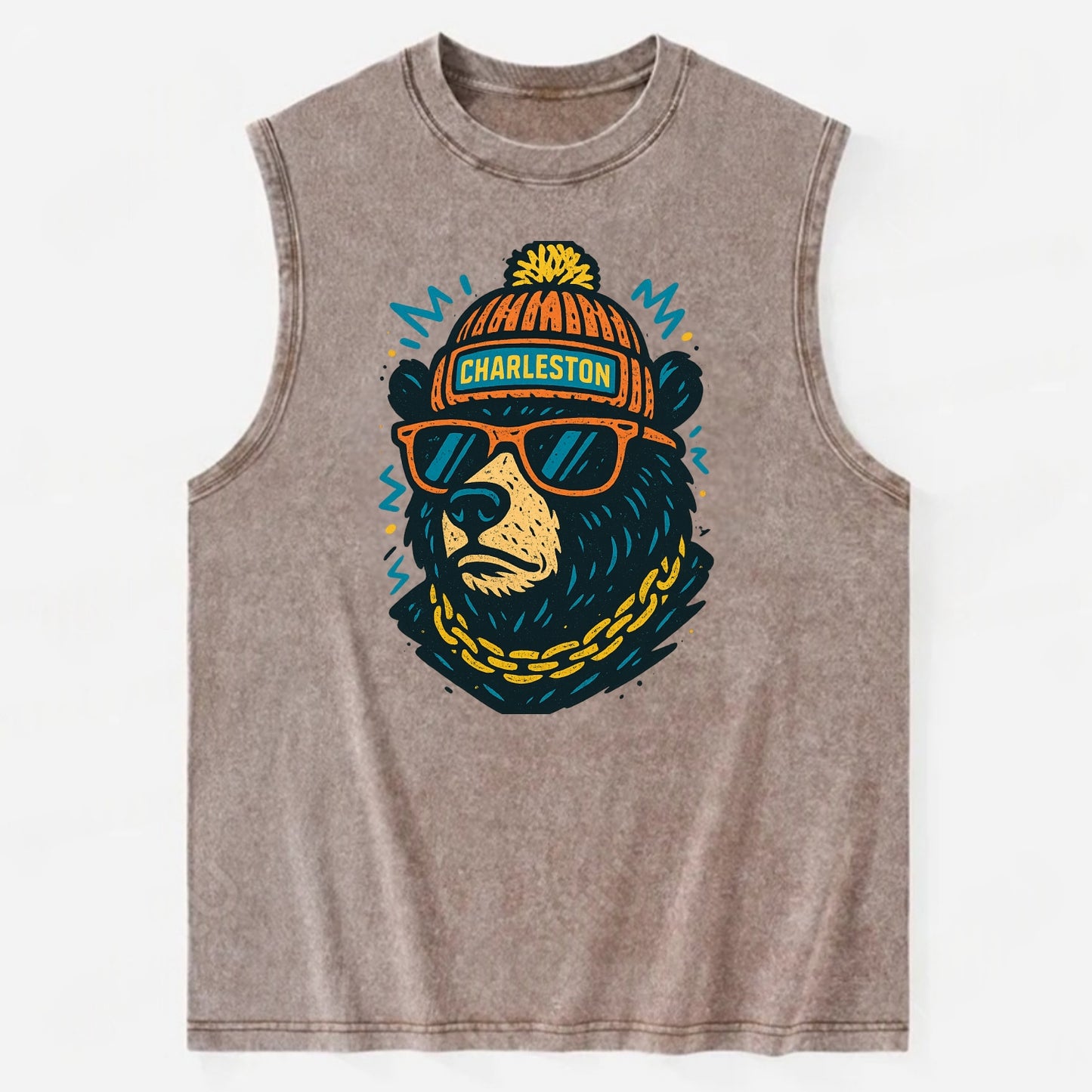 West Virginia Black Bear wearing Charleston beanie with pom pom and wayfarer - Vintage Washed Tank - Brown