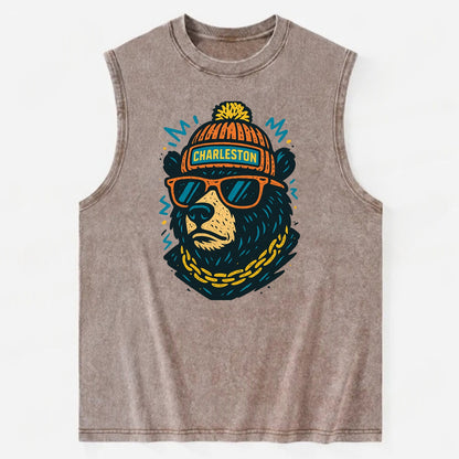 West Virginia Black Bear wearing Charleston beanie with pom pom and wayfarer - Vintage Washed Tank - Brown