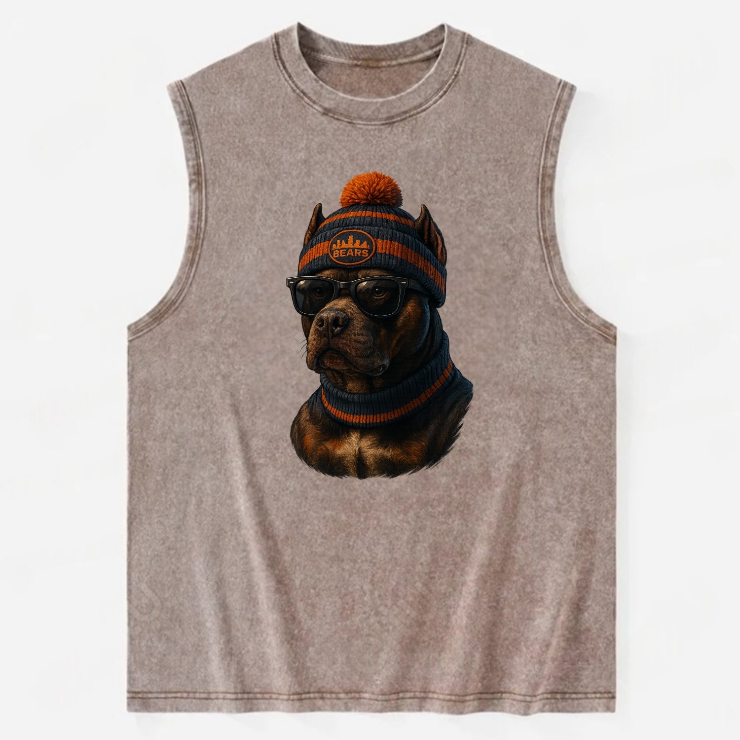 Chicago Pitbull wearing Bears beanie with skyline patch and wayfarer - Vintage Washed Tank - Brown