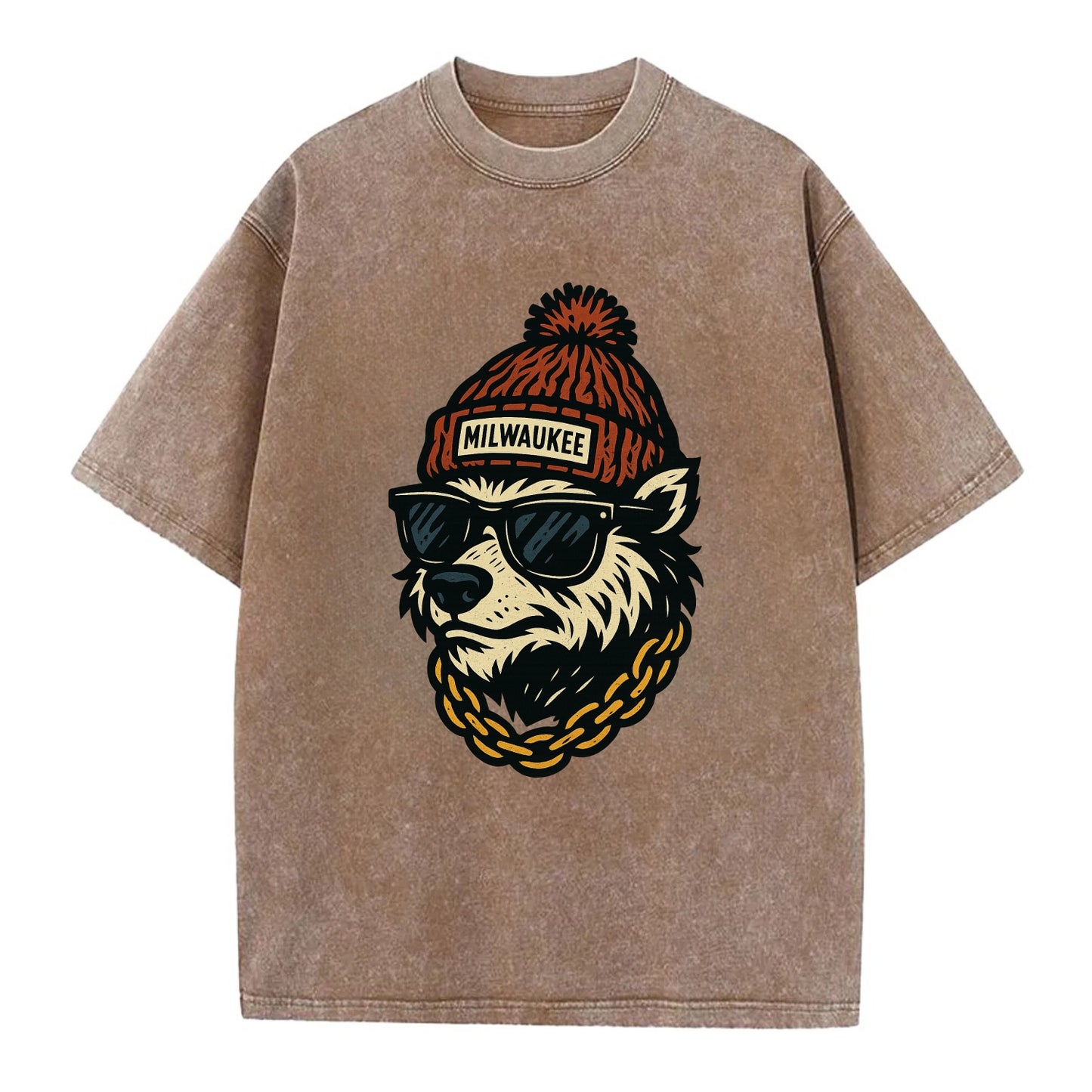 Milwaukee Badger wearing Milwaukee beanie with pom pom and wayfarer sunglasses - Vintage T-shirt - Brown