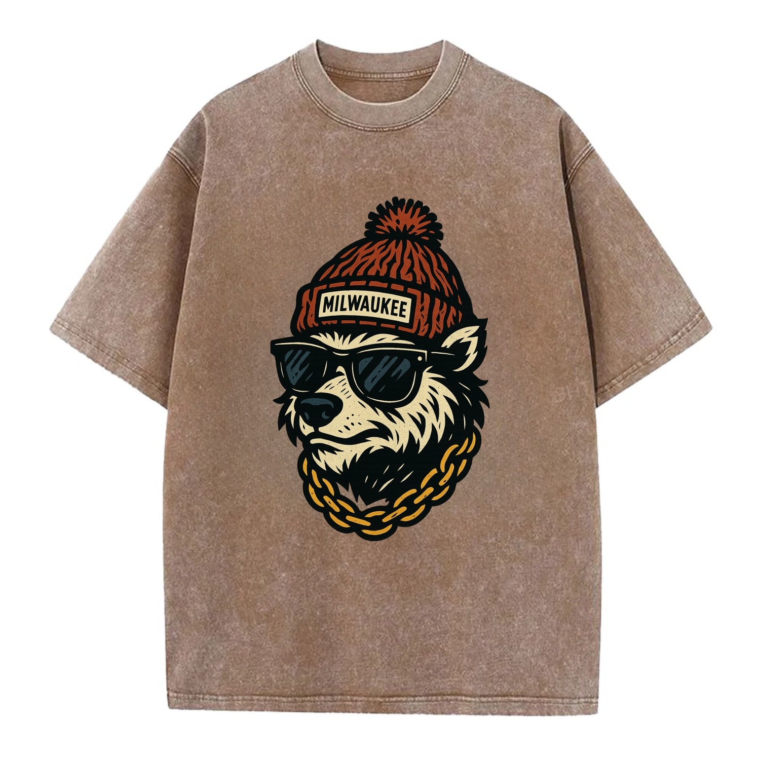 Milwaukee Badger wearing Milwaukee beanie with pom pom and wayfarer sunglasses - Vintage T-shirt - Brown