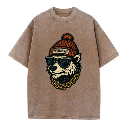 Milwaukee Badger wearing Milwaukee beanie with pom pom and wayfarer sunglasses - Vintage T-shirt - Brown