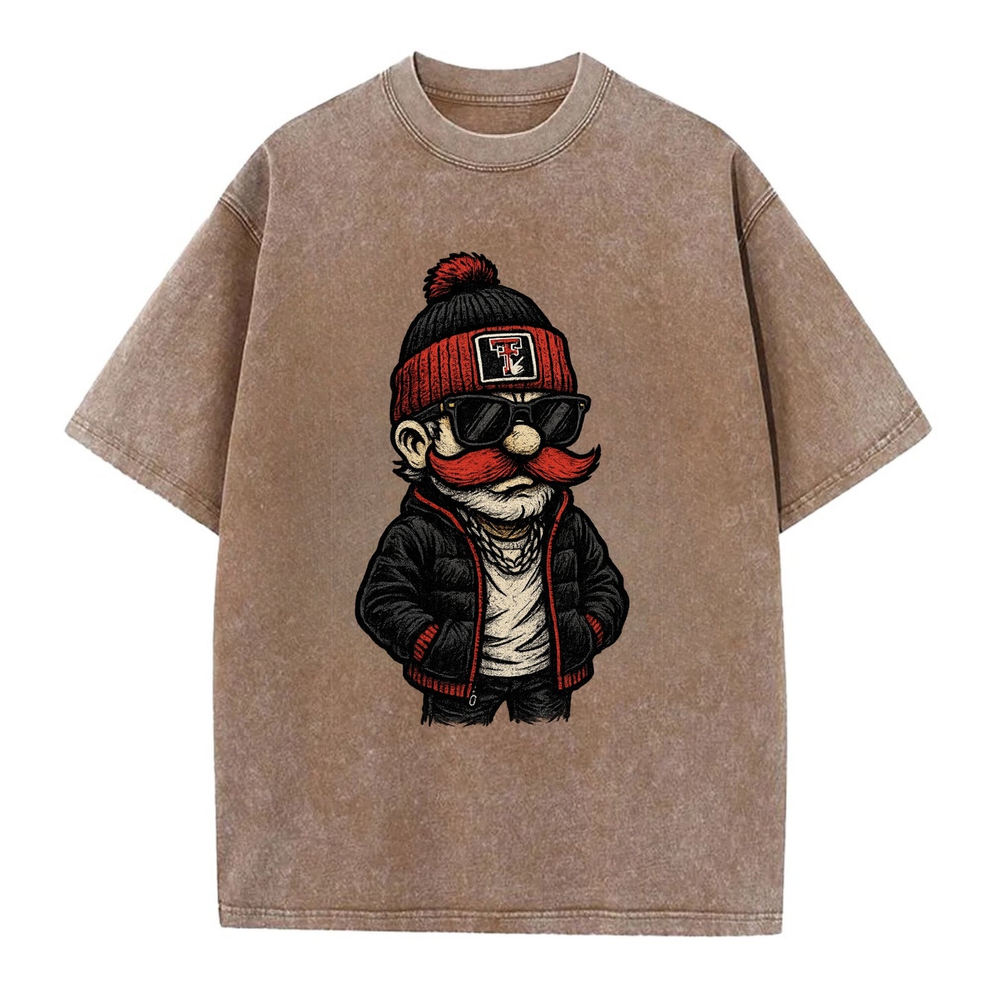 Lubbock Raider wearing Texas Tech beanie with guns up patch - Vintage T-shirt - Brown