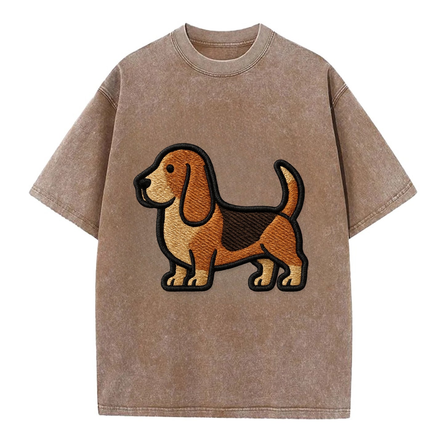 Basset Hound - Trendy low-rider design with prominent black outline - Vintage T-shirt - Brown