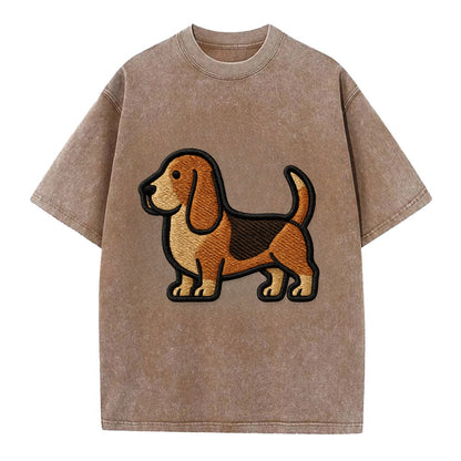 Basset Hound - Trendy low-rider design with prominent black outline - Vintage T-shirt - Brown