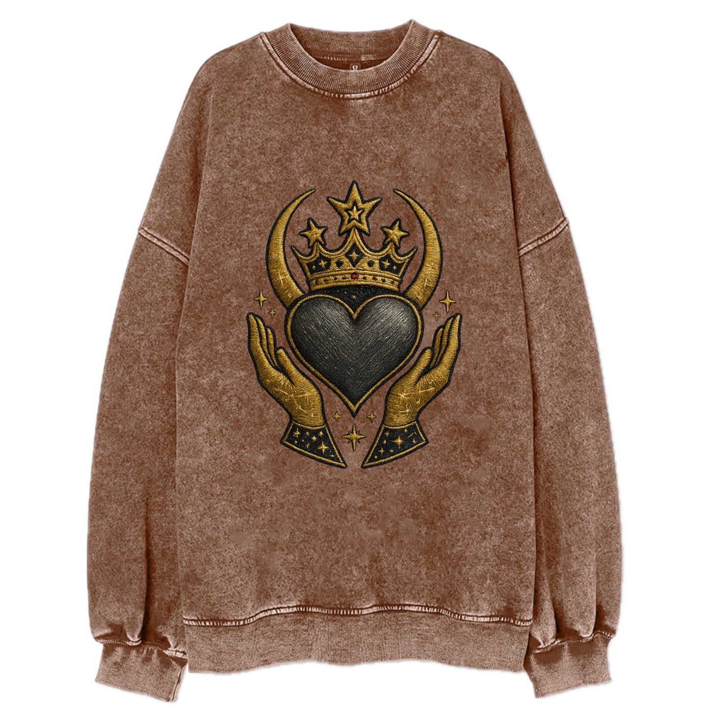 Celtic knot crown with woven strands merging into copper hands shielding a - Vintage Sweatshirt - Brown