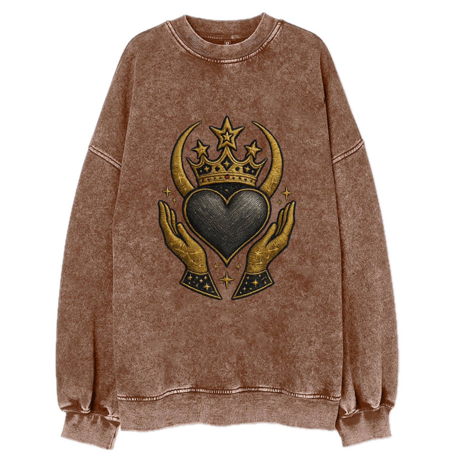 Celtic knot crown with woven strands merging into copper hands shielding a - Vintage Sweatshirt - Brown