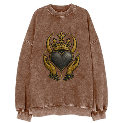 Celtic knot crown with woven strands merging into copper hands shielding a - Vintage Sweatshirt - Brown