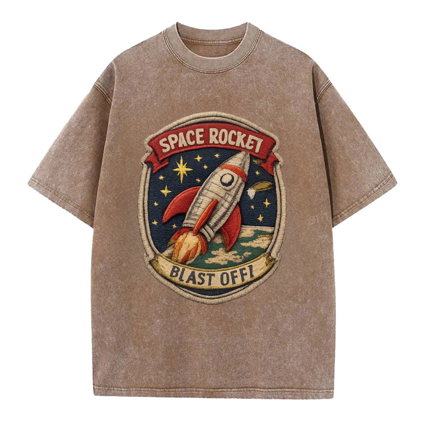 RETRO ROCKET - 1950s space rocket in silver and red , atomic age - Vintage T-shirt - Brown