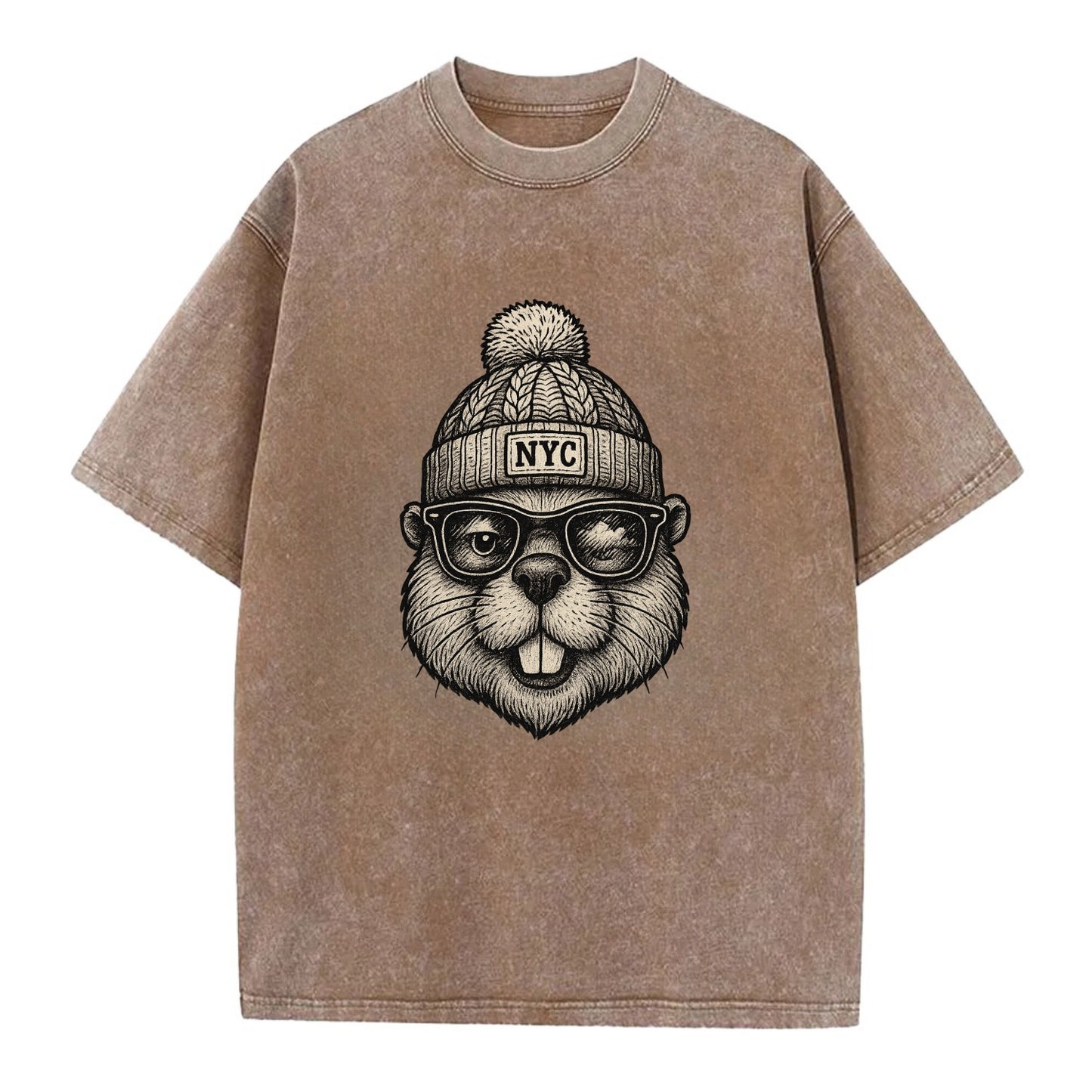 New York Beaver wearing NYC beanie with pom pom and wayfarer sunglasses - Vintage T-shirt - Brown