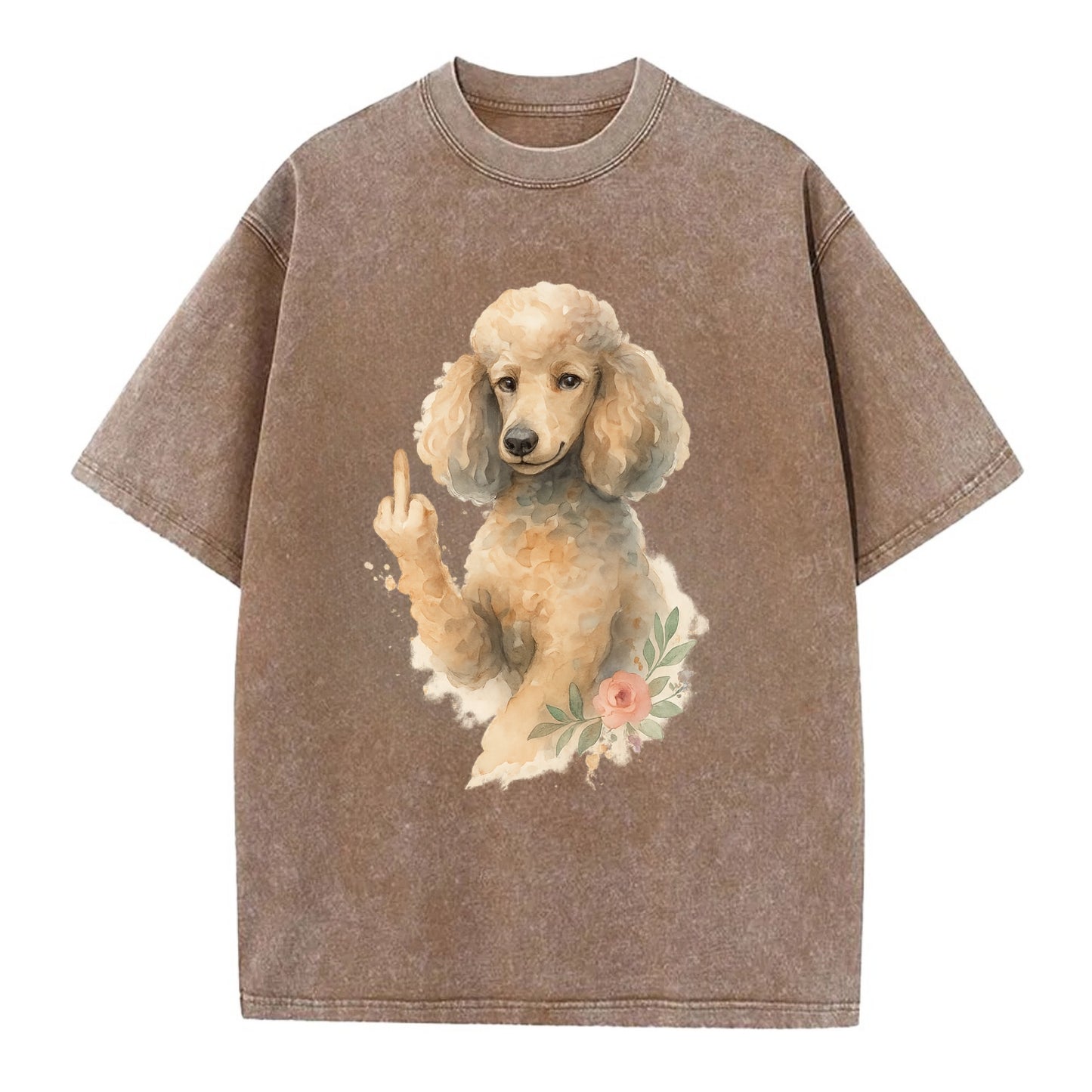 Standard Poodle with curly styled coat, intelligent face, fancy paw giving finger - Vintage T-shirt - Brown