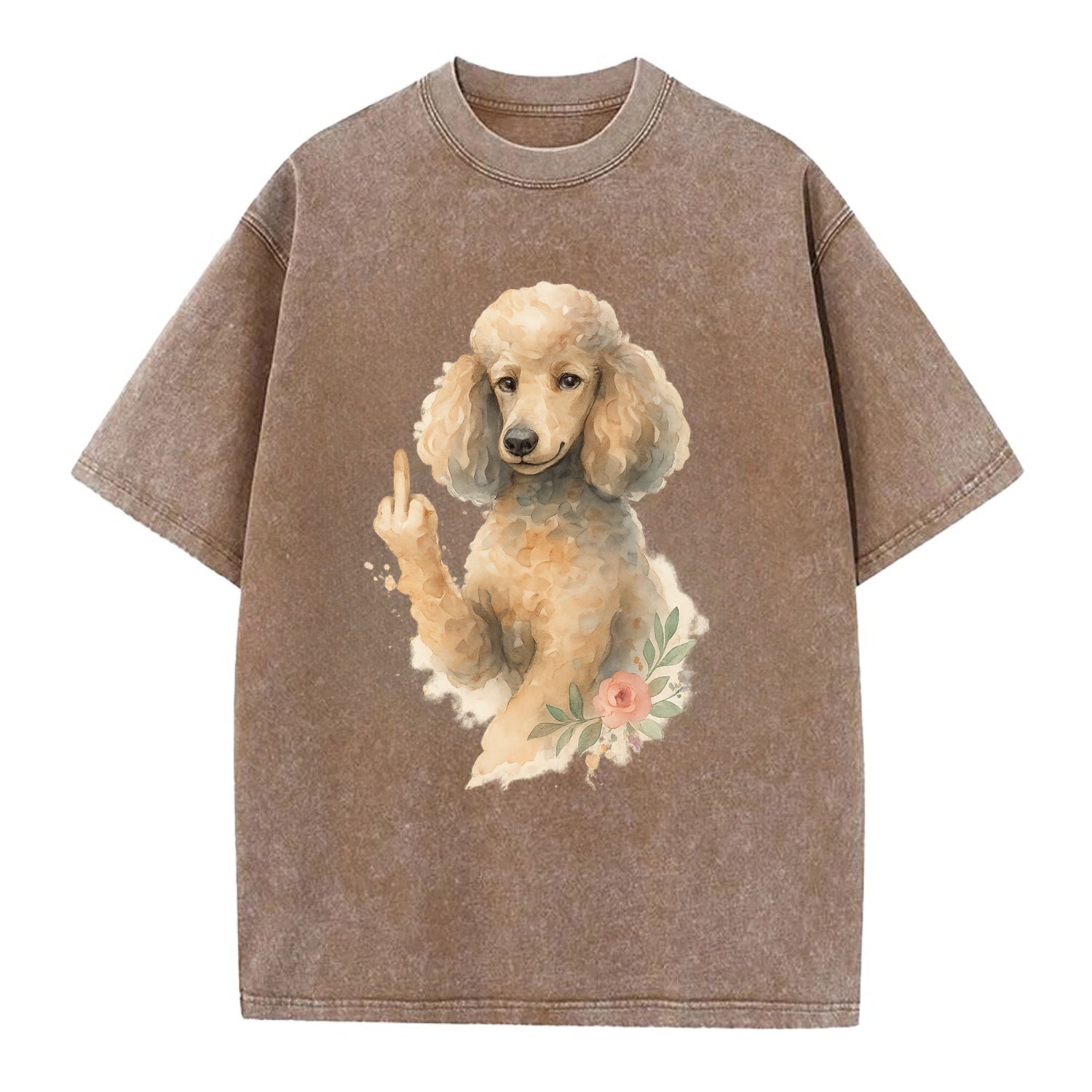Standard Poodle with curly styled coat, intelligent face, fancy paw giving finger - Vintage T-shirt - Brown