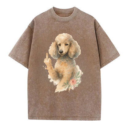 Standard Poodle with curly styled coat, intelligent face, fancy paw giving finger - Vintage T-shirt - Brown