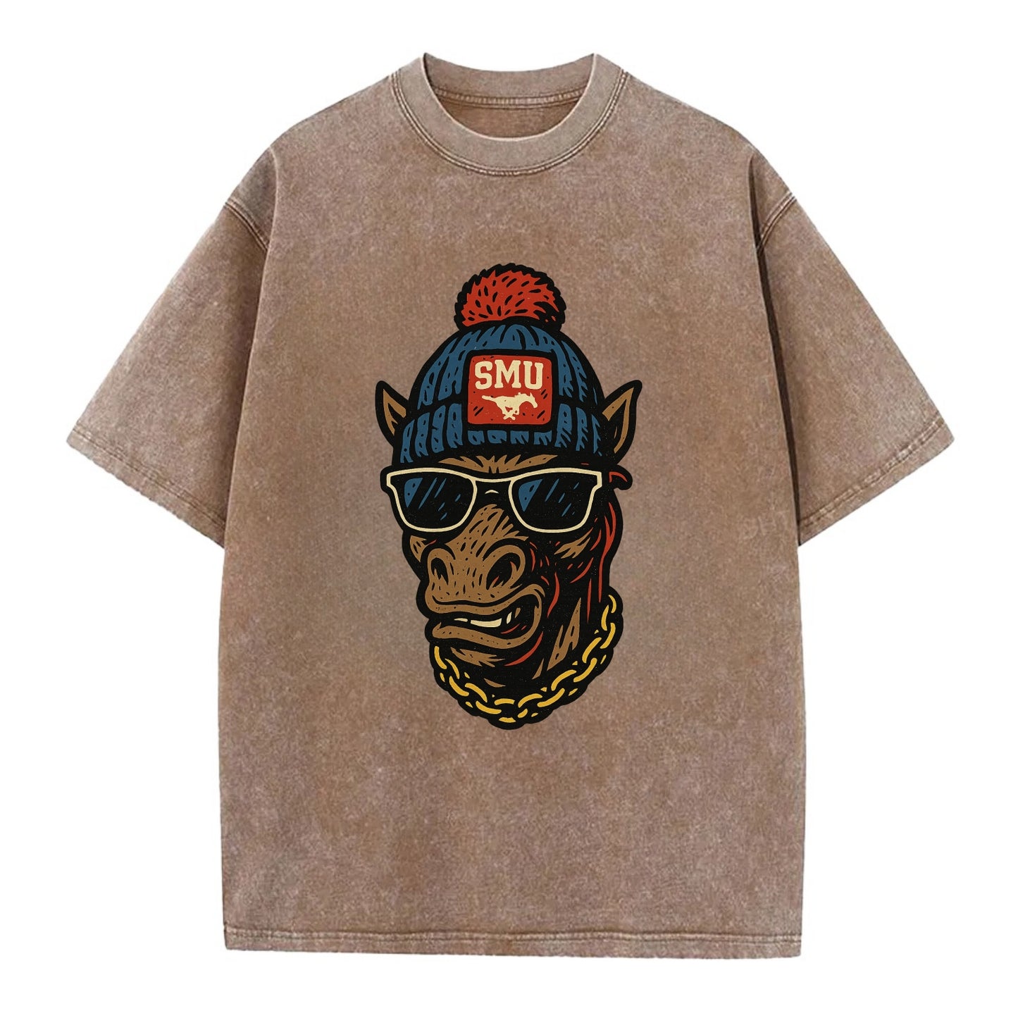 Dallas Mustang wearing SMU beanie with pony patch - Vintage T-shirt - Brown